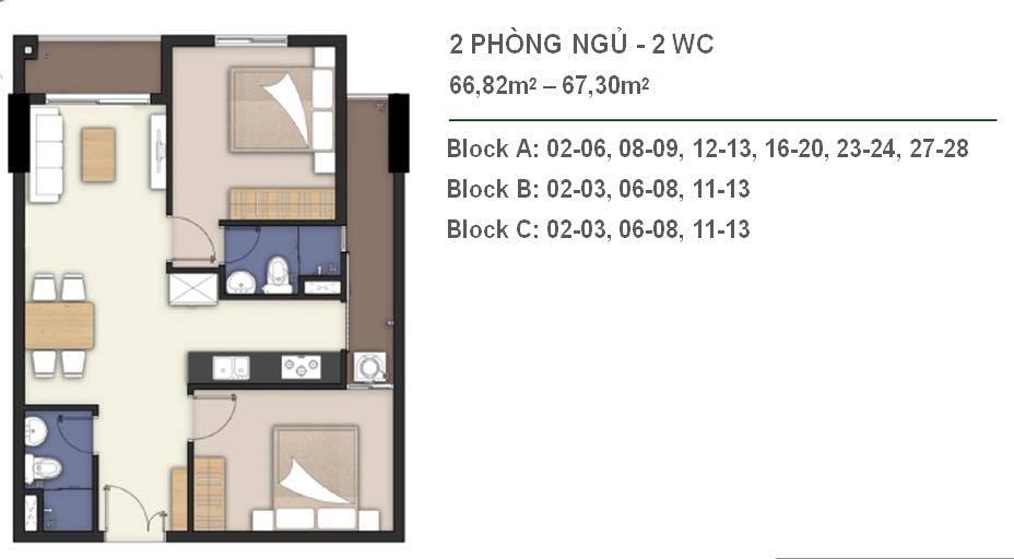 Mặt bằng căn hộ 2 phòng ngủ, 2 vệ sinh diện tích 66 - 67m2