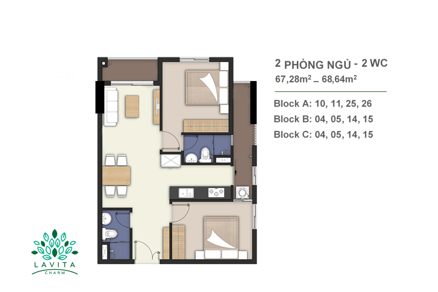 Mặt bằng căn hộ 2 phòng ngủ, 2 vệ sinh diện tích 67 - 68m2