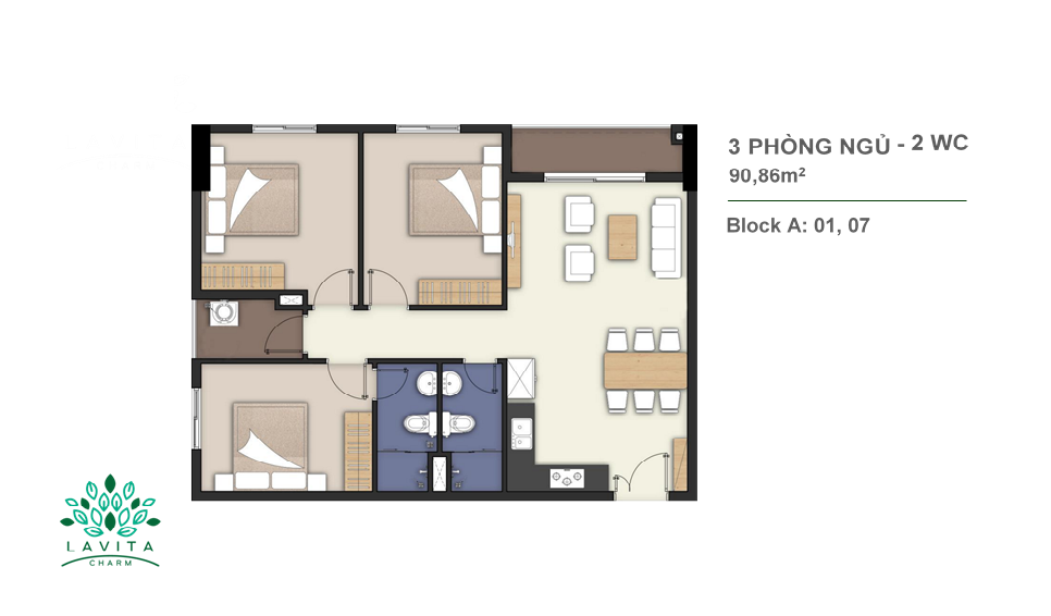 Mặt bằng căn hộ 3 phòng ngủ, 2 vệ sinh diện tích 90,86m2