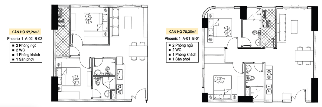 Mặt bằng căn hộ 2 phòng ngủ diện tích  59m2 - 70m2 tòa Phoenix 1