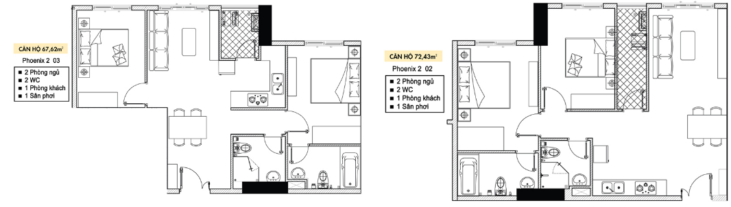 Mặt bằng căn hộ 2 phòng ngủ diện tích 67m2 - 72m2 tòa Phoenix 2