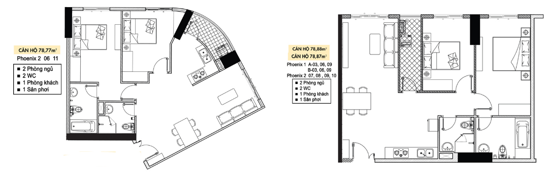 Mặt bằng căn hộ 2 phòng ngủ diện tích 78m2 tòa Phoenix 1 và Phoenix 2