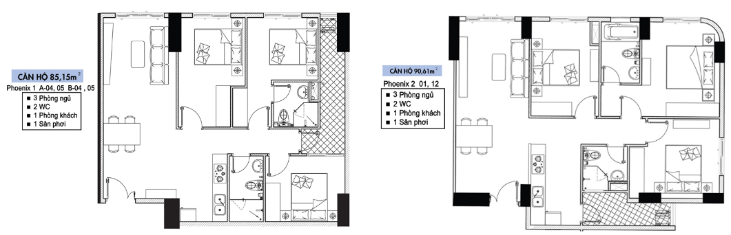 Mặt bằng căn hộ 3 phòng ngủ diện tích 85m2 - 90m2 tòa Phoenix 1 và Phoenix 2