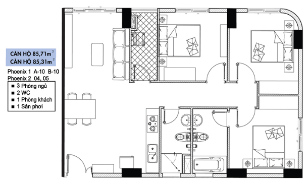 Mặt bằng căn hộ 3 phòng ngủ diện tích 85m2 tòa Phoenix 1 và Phoenix 2