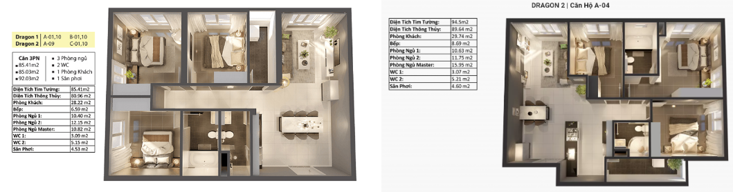 Mặt bằng căn hộ 3 phòng ngủ diện tích 85m2 - 92m2 tòa Dragon 1 và Dragon 2