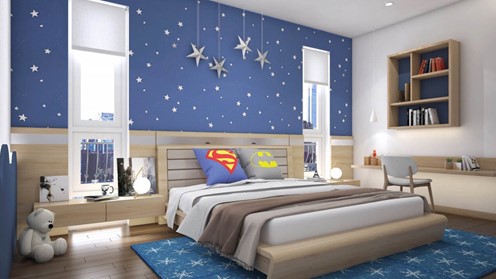 Phòng ngủ con trai với hình dán 3D sáng tạo, độc đáo.