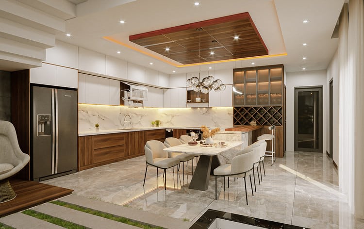 Phòng bếp rộng rãi, đầy đủ tiện nghi hiện đại, được thiết kế với gam màu sáng trẻ trung.