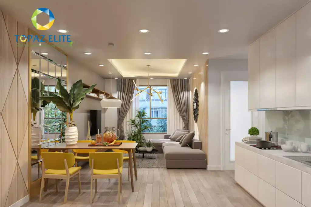 Nhà mẫu căn hộ 3 phòng ngủ Topaz Elite được thiết kế với tông màu trắng, be chủ đạo.