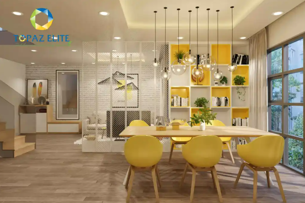 Trong các căn hộ mẫu Topaz Elite, phòng ăn thường được nhấn nhá với những chiếc ghế ăn tông màu vàng nắng tươi mới, tràn đầy năng lượng.
