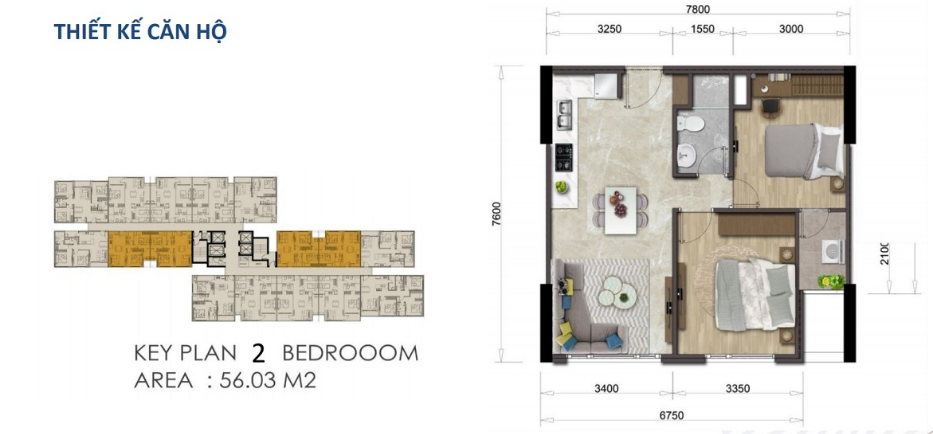 Mặt bằng căn hộ Mizuki Park 56,03m2 - 2 phòng ngủ