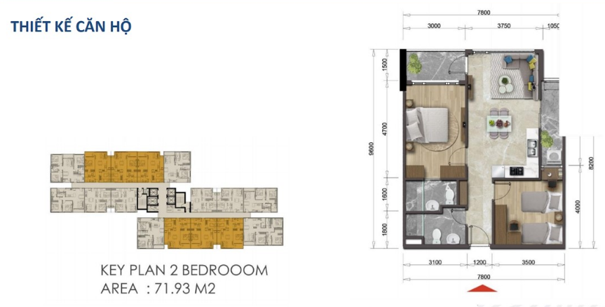  Mặt bằng căn hộ Mizuki Park 71,93m2 - 2 phòng ngủ
