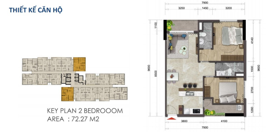 Mặt bằng căn hộ Mizuki Park 72,27m2 - 2 phòng ngủ