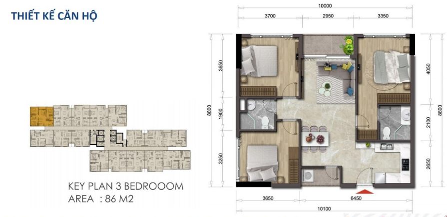 Mặt bằng căn hộ Mizuki Park 86m2 - 3 phòng ngủ