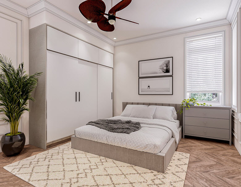 Phòng ngủ sử dụng tông màu xám, trắng sang trọng. Giường lớn với khung được bọc nỉ chắc chắn, tạo cảm giác ấm áp, thư giãn.