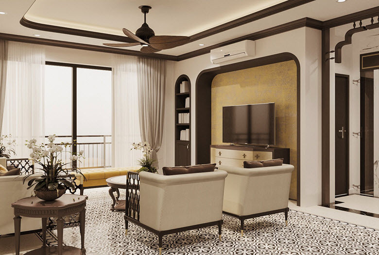 Phong cách nội thất Indochine luôn được biết đến với hệ thống sofa lớn, bao bọc bởi hệ thống khung xương gỗ chắc khỏe.
