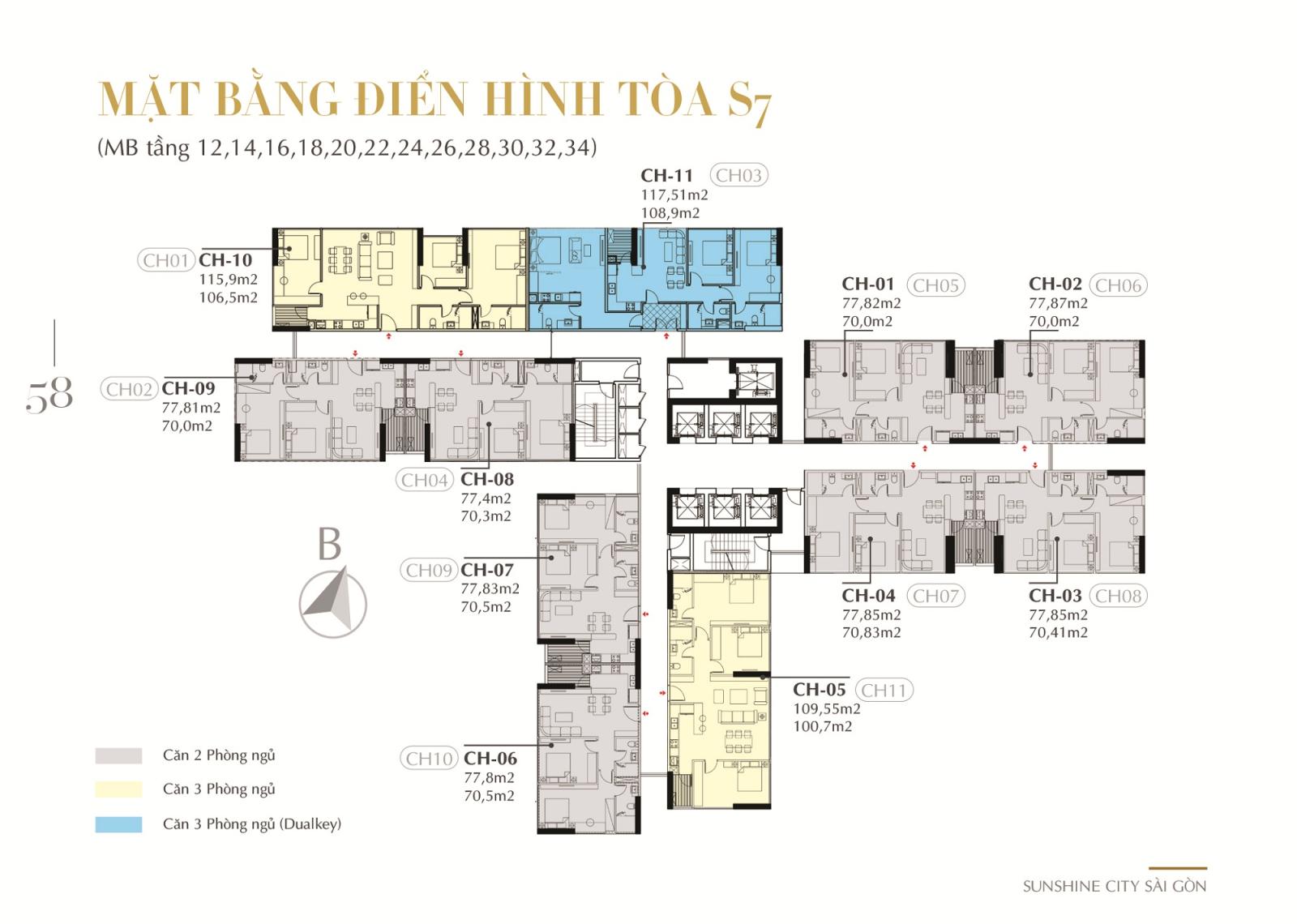 Mặt bằng tầng điển hình tầng 12, 14, 16, 18, 20, 22, 24, 26, 28, 30, 32, 34 tòa S7