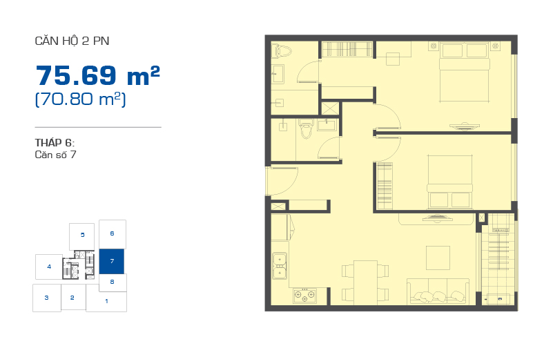 Mặt bằng căn hộ 2 phòng ngủ 75,69m2 