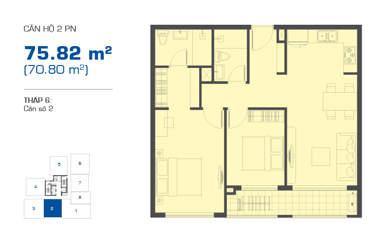 Mặt bằng căn hộ 2 phòng ngủ 75,82m2 