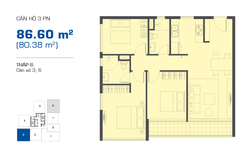 Mặt bằng căn hộ 3 phòng ngủ 86,60m2 tháp 6