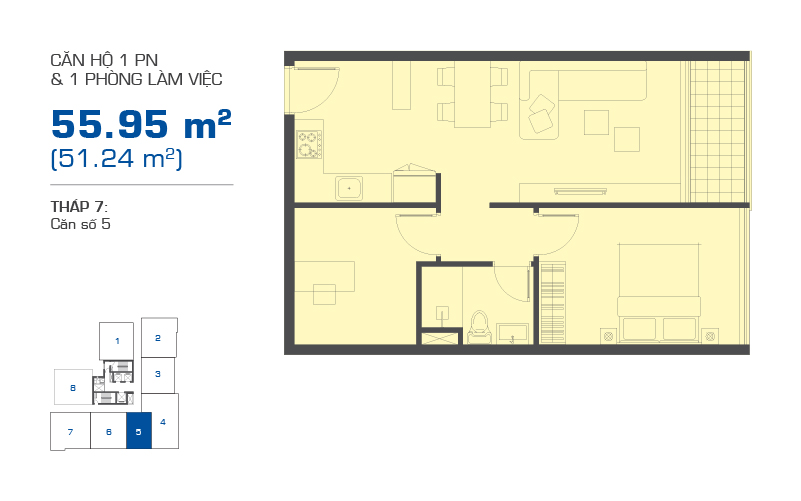 Mặt bằng căn hộ 1 phòng ngủ + 1 diện tích 55,95m2 