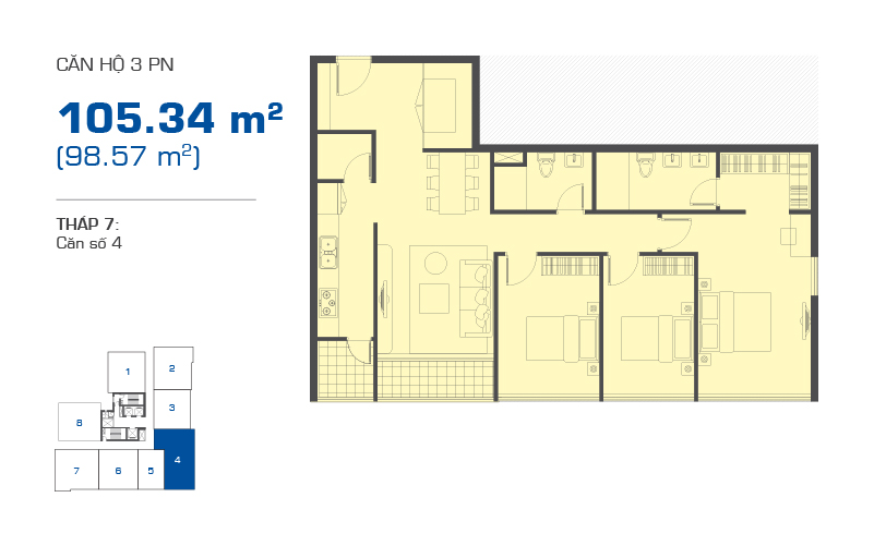 Mặt bằng căn hộ 3 phòng ngủ 105,34m2 