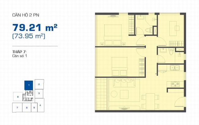 Mặt bằng căn hộ 2 phòng ngủ 79,21m2 vị trí 1 