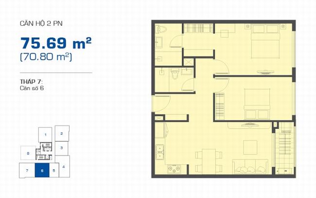 Mặt bằng căn hộ 2 phòng ngủ 75,69m2