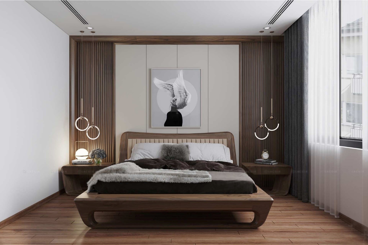Phòng ngủ master sử dụng bảng màu trung tính thanh lịch, nhẹ nhàng.