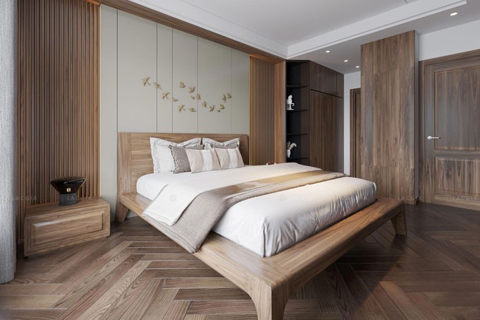 Mẫu thiết kế nội thất phòng ngủ master với chất liệu gỗ chủ đạo tạo cảm giác thư giãn.