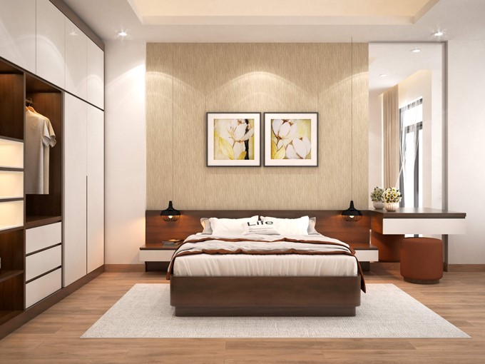 Phòng ngủ master có thiết kế đơn giản, tối ưu hóa công năng sử dụng.