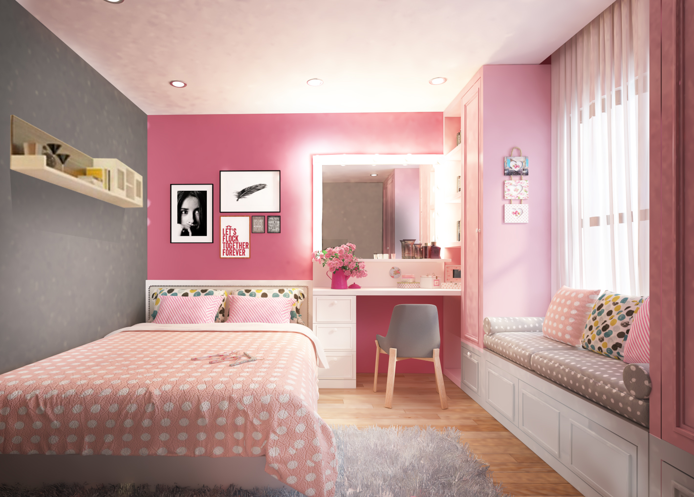 Phòng ngủ bé gái được thiết kế với tông màu hồng xinh yêu.