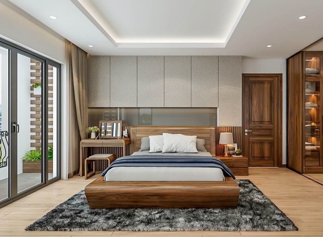 Nội thất phòng ngủ sử dụng chất liệu gỗ ấm áp, tạo cảm giác thư giãn.