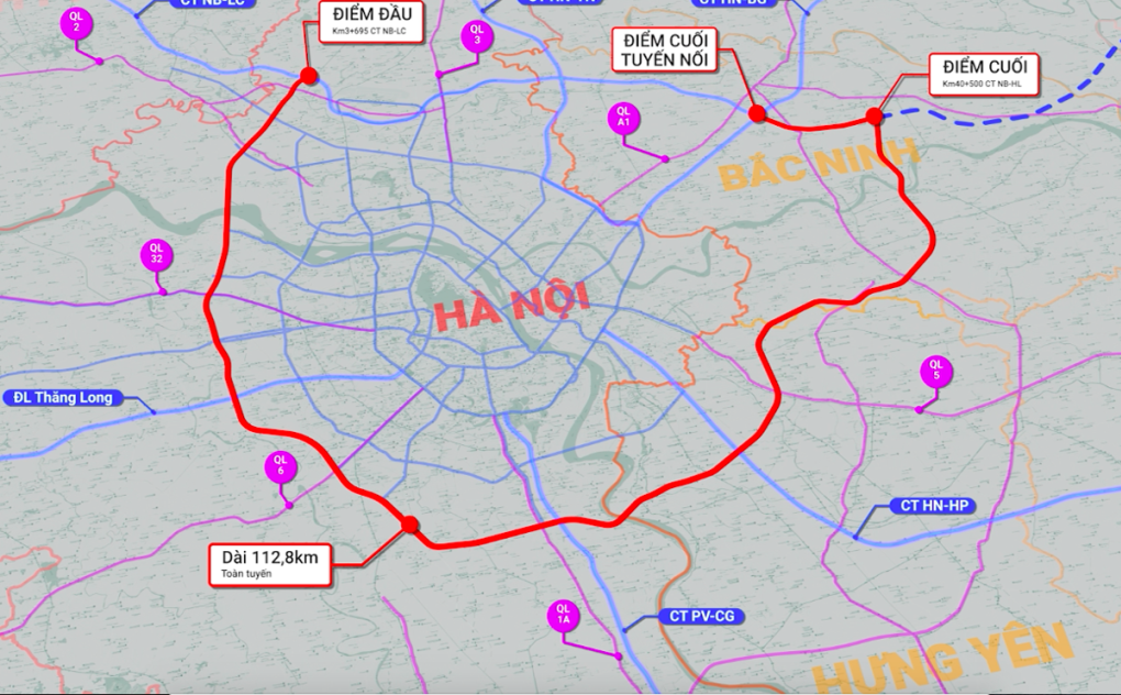 Hướng tuyến dự án đường vành đai 4 - vùng Thủ đô. Nguồn: UBND TP. Hà Nội