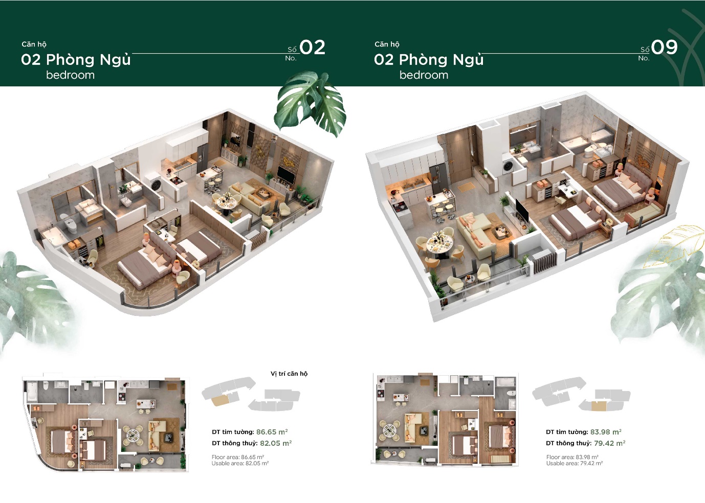Phối cảnh thiết kế mặt bằng căn hộ 2 phòng ngủ Thảo Điền Green.