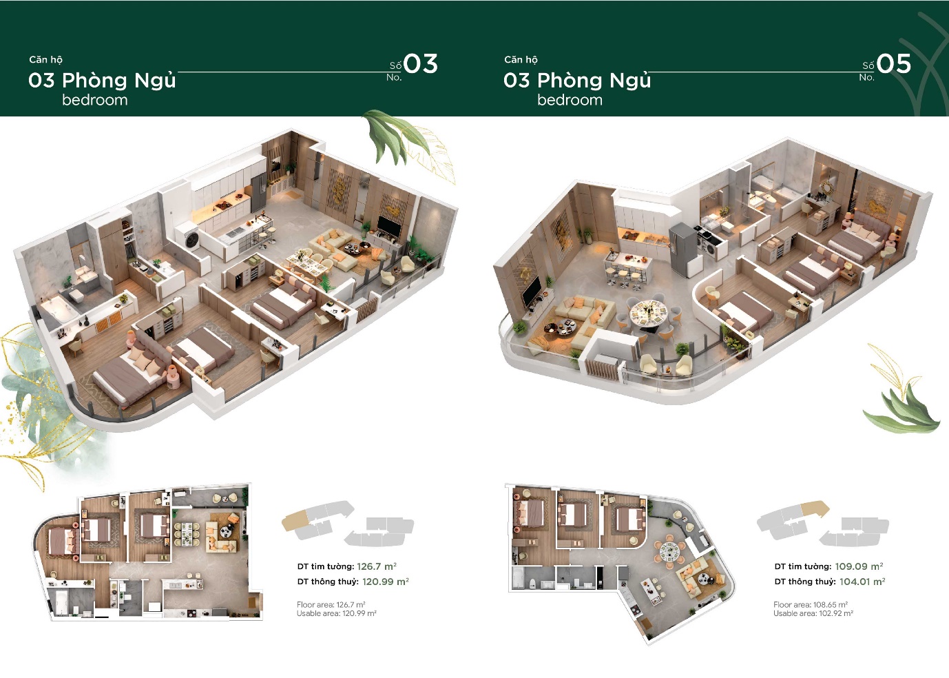 Phối cảnh thiết kế mặt bằng căn hộ 3 phòng ngủ dự án Thảo Điền Green.