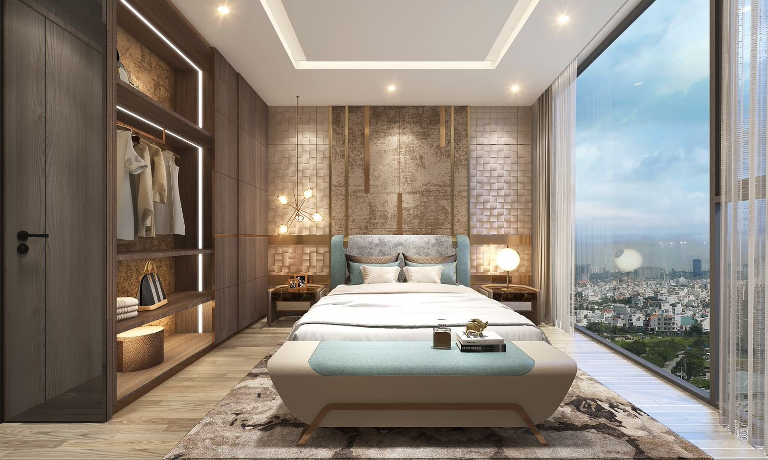Phòng ngủ với hệ cửa kính cao rộng mang đến tầm view lý tưởng.