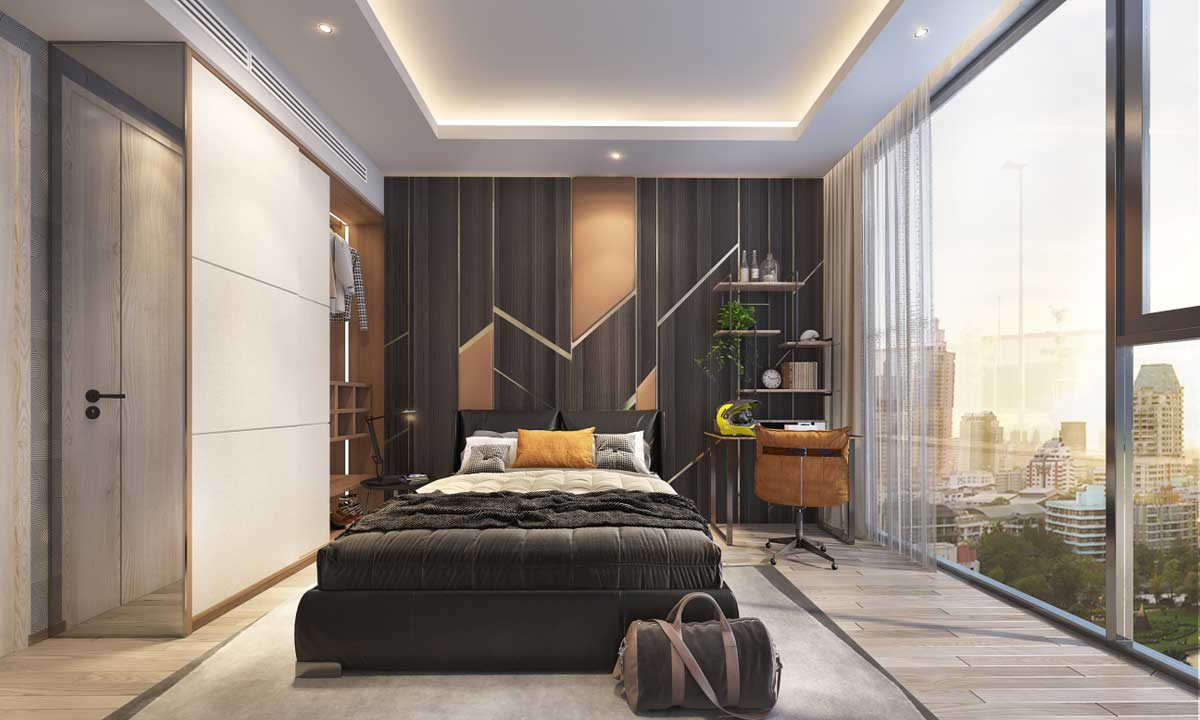 Phòng ngủ được thiết kế theo lối tối giản hiện đại, sử dụng tông màu tương phản ấn tượng.