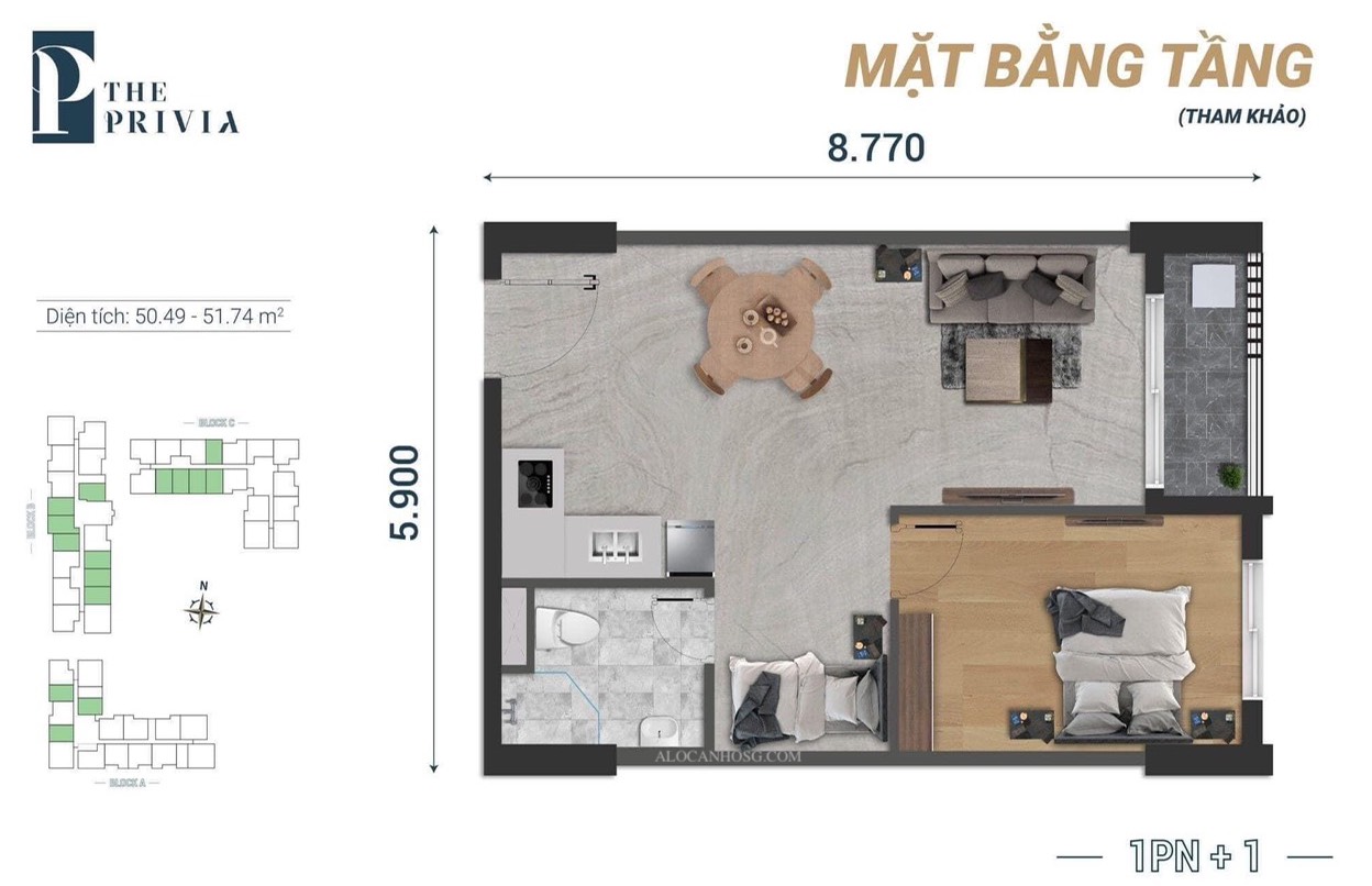 Mặt bằng căn hộ 1 phòng ngủ + dự án The Privia Khang Điền.