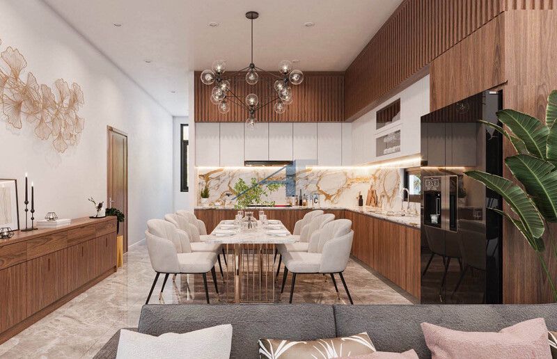 Phòng bếp kết hợp phòng ăn được thiết kế với tông màu sáng, tạo không gian vừa sang trọng vừa ấm cúng.