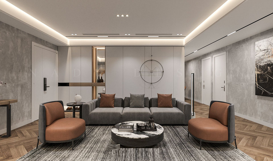 Phòng khách được thiết kế theo phong cách nội thất hiện đại.