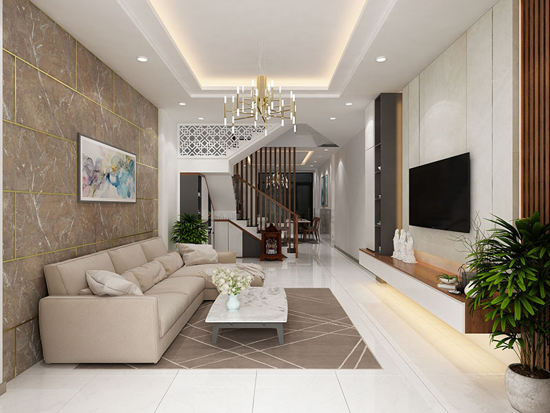 Phòng khách được thiết kế theo phong cách đơn giản mà vẫn đảm bảo tiện ích.