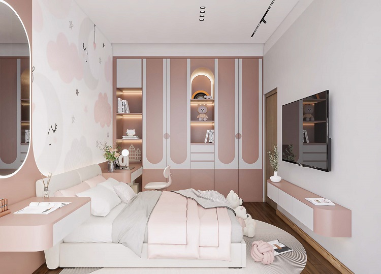 Phòng ngủ bé gái màu hồng pha trắng nhẹ nhàng và nữ tính.