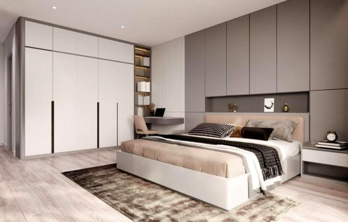 Phòng ngủ master thiết kế với tông màu trung tính sang trọng, tạo cảm giác thư giãn.