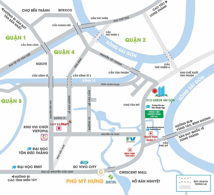Vị trí dự án Eco Green Sài Gòn kết nối giao thông thuận tiện đến các quận trung tâm khác như Quận 1, Quận 2, Quận 4, khu Phú Mỹ Hưng.