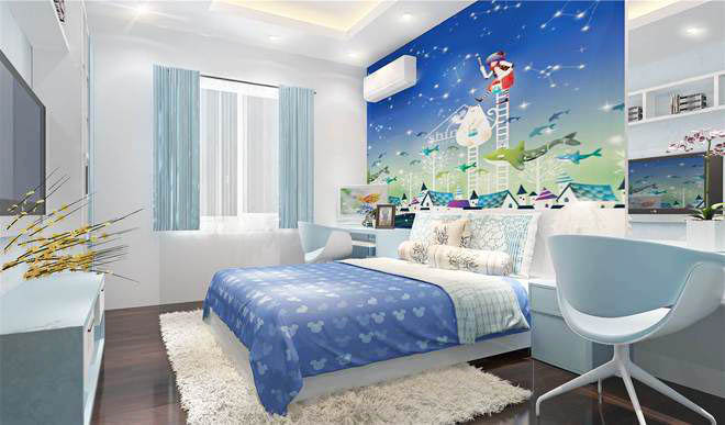 Phòng ngủ con trai năng động, trẻ trung với bảng màu xanh dương dịu mát.
