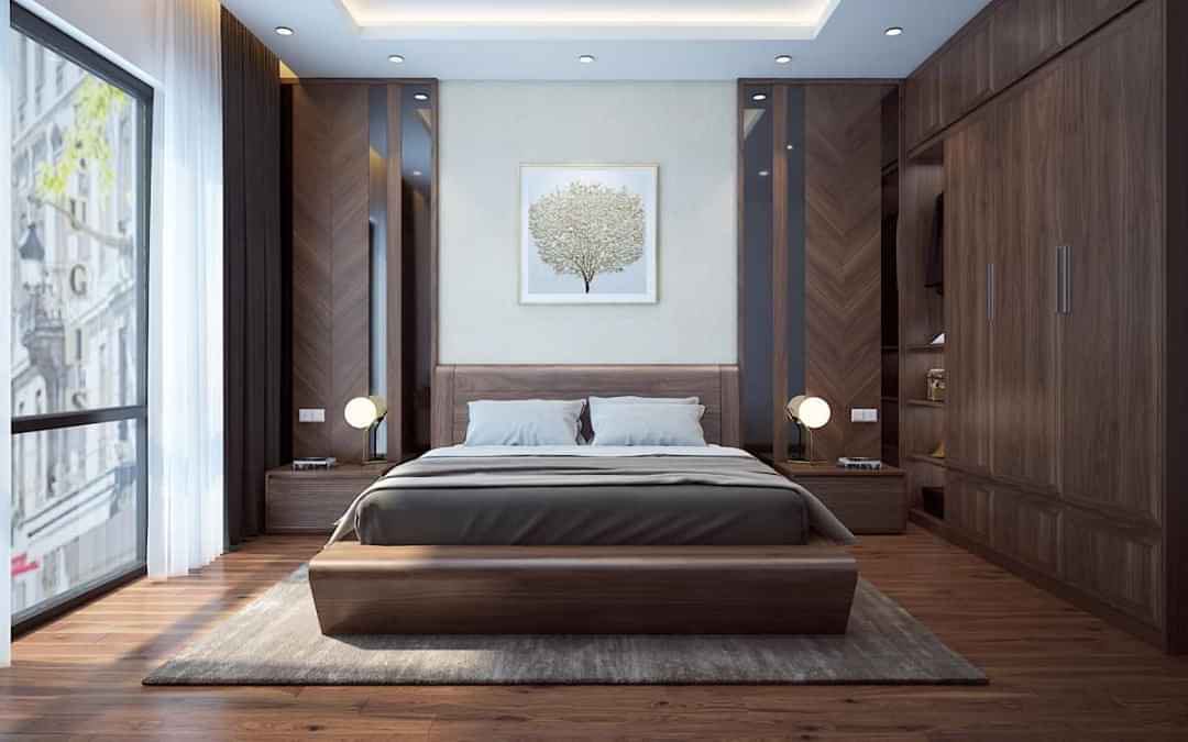 Phòng ngủ sử dụng nội thất gỗ chủ đạo mang lại cảm giác thư giãn, dễ chịu.