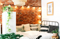 Phòng ngủ thô mộc đầy quyến rũ với tường gạch trần