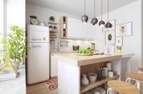 Phòng bếp nhỏ đẹp tinh tế với sơn tường màu trắng kết hợp cùng nội thất gỗ
