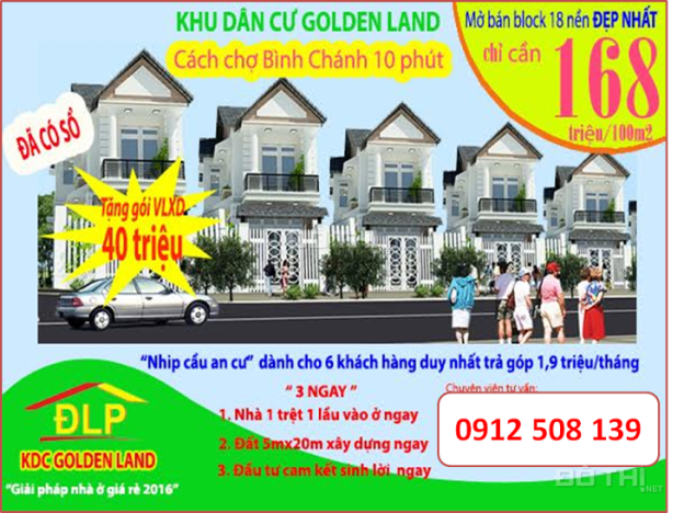 Mở bán KDC Golden Land gần chợ Bình Chánh(5 x 16m), giá 280tr, chiết khấu cực kỳ ưu đãi. 0912508139 5505349