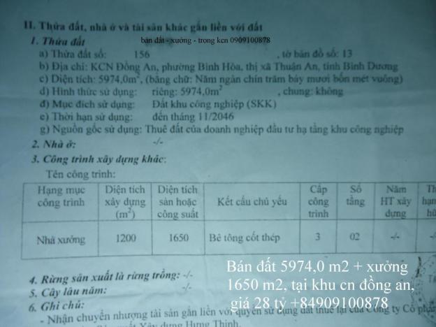 Bán xưởng 1650 m2, khuôn viên đất 5974,0 m2, nằm trong kcn Đồng An, Thuận An, Bình Dương 6582465